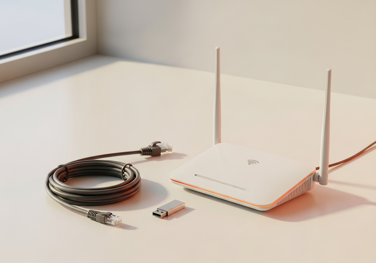 Networking and connectivity hardware — wifi router, ethernet cable and USB