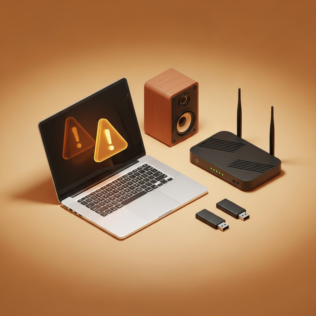 Common PC hardware that needs attention — laptop, router, speaker and USB